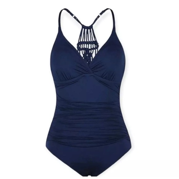 Jantzen Navy Blue Macrame Strappy Back One Piece Ruched Bathing Suit Swim M - Picture 3 of 14